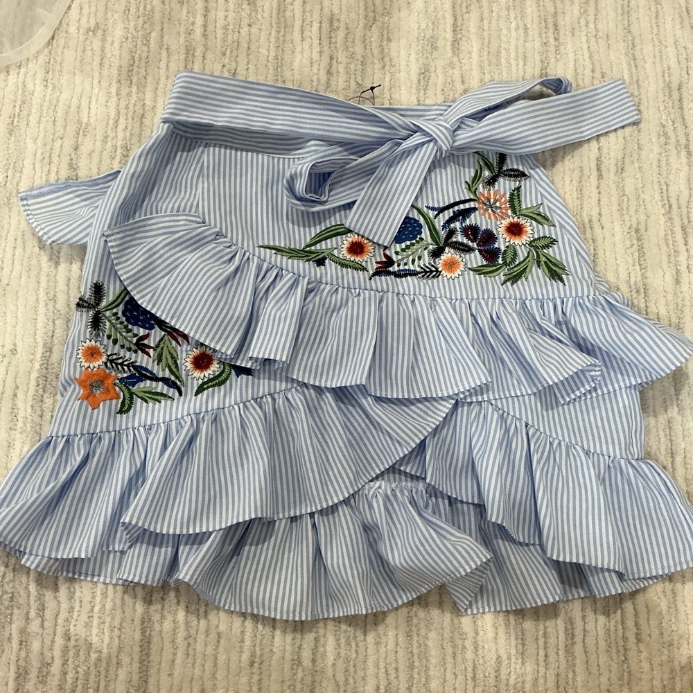 Striped Blue Ruffle Mini Skirt with Floral Embroidery